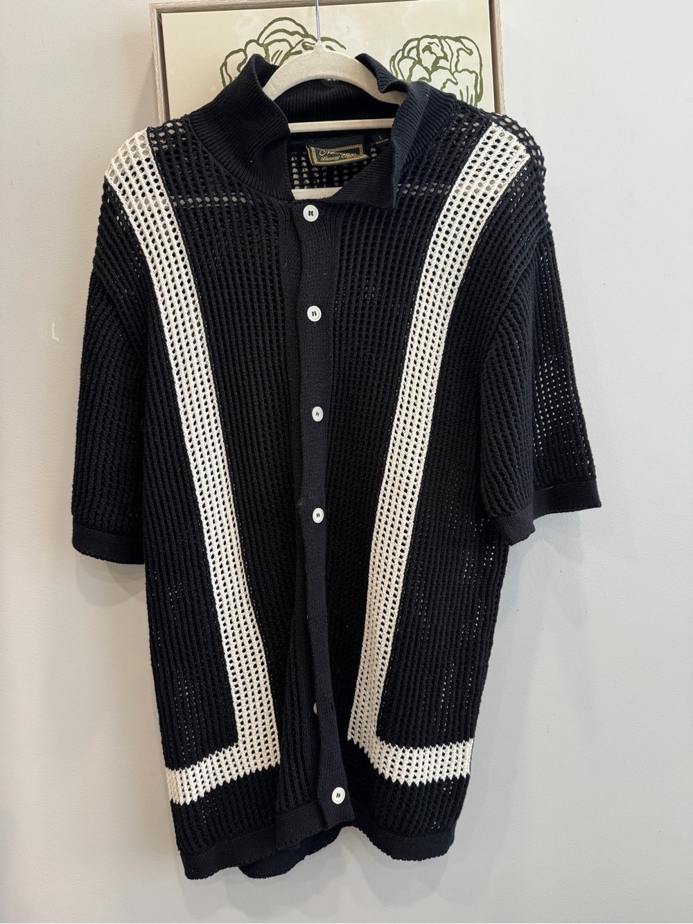 Massive Luxury Black and White Knit Button-Up Polo Shirt Men’s Large ~ LIKE NEW